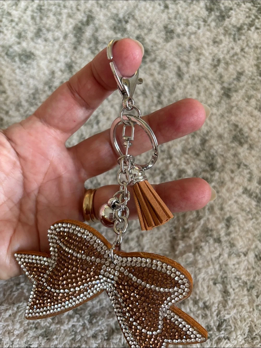Western Rhinestone Bow Keychain with Tassel - Brown NWT 6”